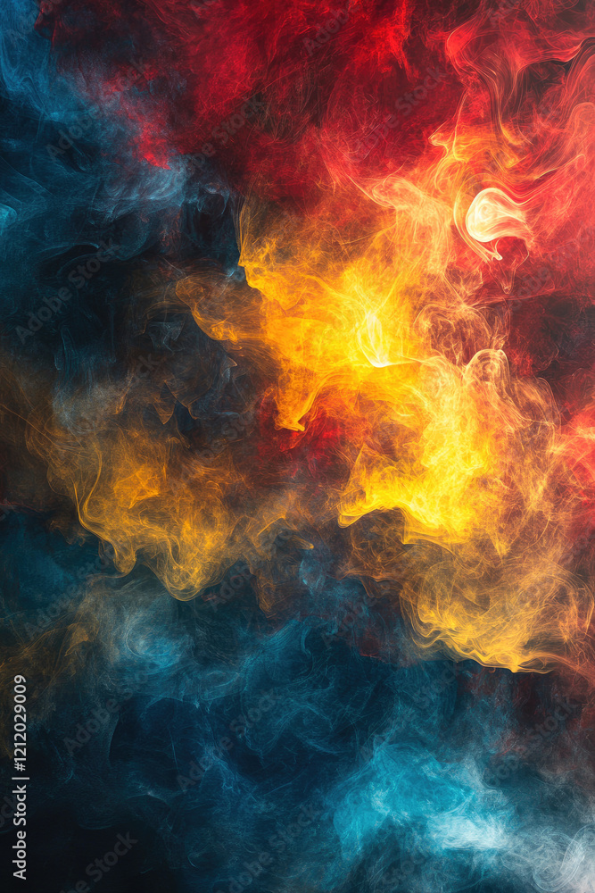Thick clouds of vibrant smoke illuminated in shades of red, yellow, and blue, blending together into a cohesive abstract background Thick clouds of vibrant smoke illuminated in shades of red, yellow, and blue, blending together into a cohesive abstract background