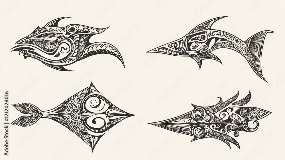Naklejka premium Marine-Inspired Tribal Tattoo Elements Generative AI