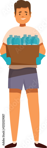 Volunteer wearing gloves carrying box full of plastic bottles, promoting recycling and environmental awareness