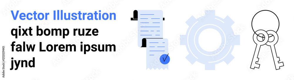 Documents with checkmark, blue gear, two keys. Ideal for data management, cybersecurity, document verification, technology, secure access, IT services, digital solutions. Landing page Documents with checkmark, blue gear, two keys. Ideal for data management, cybersecurity, document verification, technology, secure access, IT services, digital solutions. Landing page