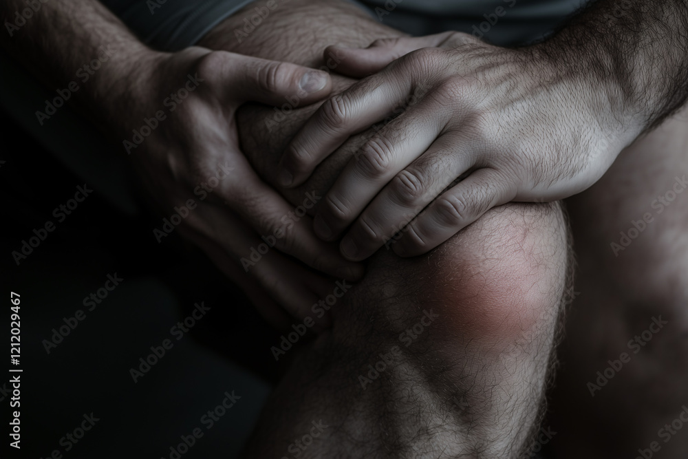 Fototapeta premium Knee Pain: Close-up shot of a man's hand clutching his knee in agony, conveying the intense pain and discomfort of a knee injury. The stark lighting emphasizes the severity of the situation. 