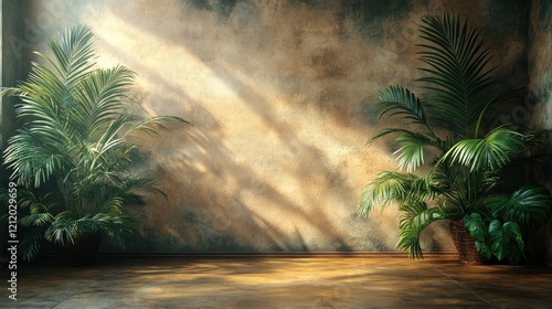 Serene indoor space with lush green plants casting shadows on a textured wall, evoking tranquility