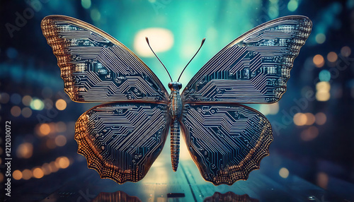 Stunning digital art of a butterfly with intricate circuit board wings.  Perfect for technology, nature, innovation, and AI concepts.