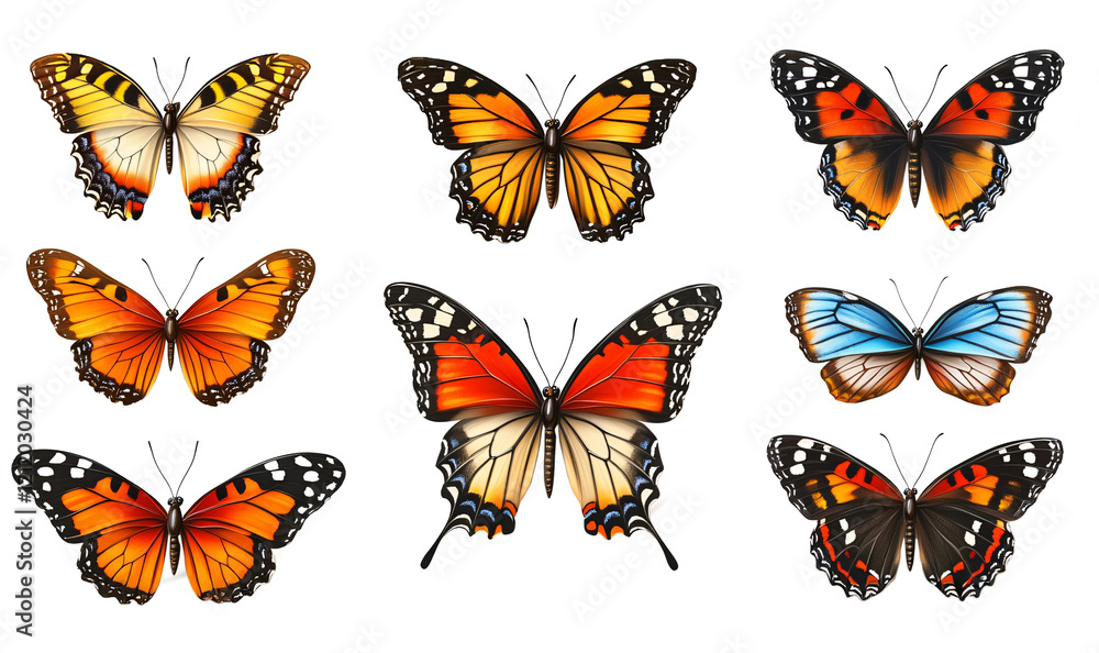A vibrant collection of eight butterflies showcasing diverse wing patterns and colors. A vibrant collection of eight butterflies showcasing diverse wing patterns and colors.