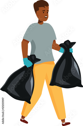Young man volunteering and carrying two garbage bags while wearing gloves