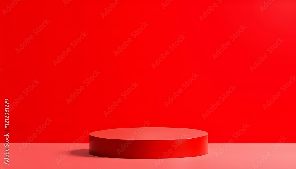 Red minimalist display podium against a vibrant red background. Red minimalist display podium against a vibrant red background.
