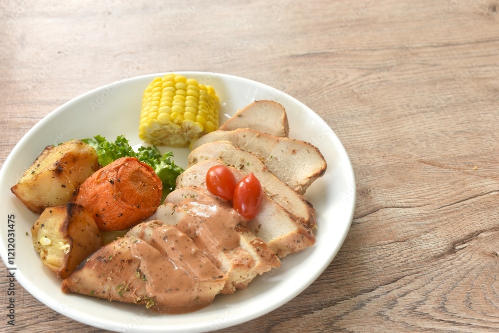 grilled slice chicken steak dressing gravy sauce with lettuce and boiled potato couple corn on plate grilled slice chicken steak dressing gravy sauce with lettuce and boiled potato couple corn on plate