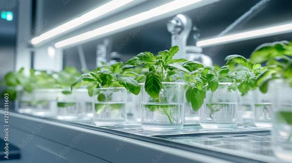 sterile white laboratory setup, vivid green plants in transparent beakers, bright lighting, eco-friendly science concept, harmonious blend of nature and technology
