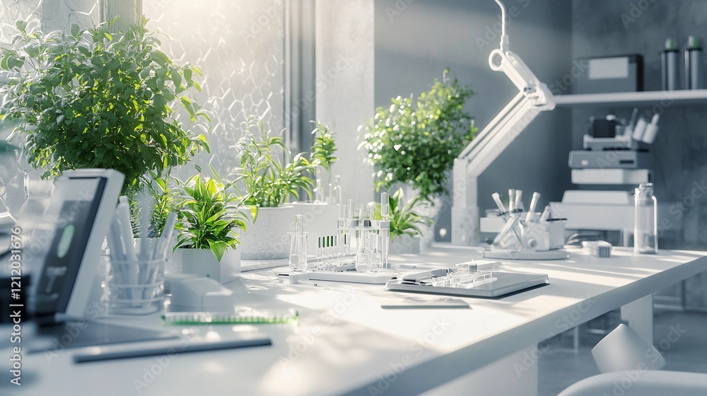 sleek white lab table with fresh green vegetation, scientific instruments, sunlight streaming in, futuristic design, organized workspace