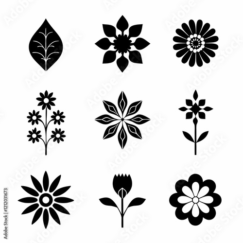 set of black and white flowers, Black and white floral icons, minimalist flower silhouettes, botanical illustrations, graphic design elements, stylized plant shapes, vector flower symbols, lotus, sunf photo