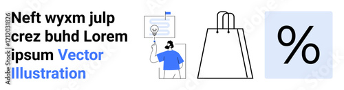 Man holding light bulb, shopping bag outline, percentage sign. Ideal for online learning, e-commerce, retail promotions, innovations, marketing strategies discounts business ideas. Landing page