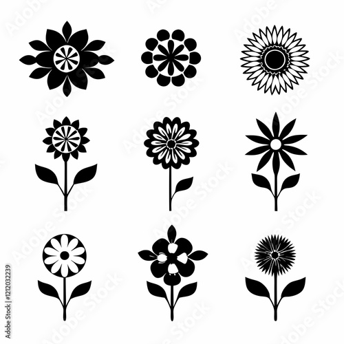 set of black and white flowers, Black and white floral icons, minimalist flower silhouettes, botanical illustrations, graphic design elements, stylized plant shapes, vector flower symbols, lotus, sunf photo