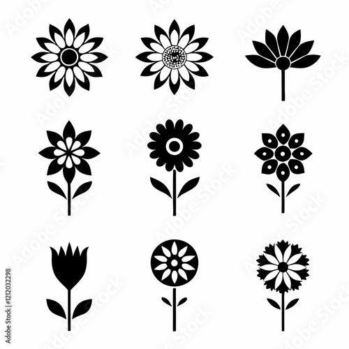 set of black and white flowers, Black and white floral icons, minimalist flower silhouettes, botanical illustrations, graphic design elements, stylized plant shapes, vector flower symbols, lotus, sunf photo