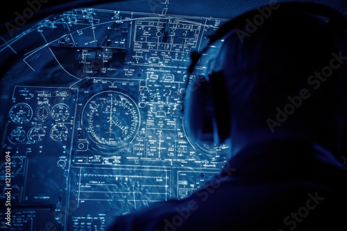 Silhouette of a Pilot Interacting with Aviation Instruments Against a Deep Navy Background with Silver Hue, Blending Schematics and Jet Controls in a Modern Cockpit Environment