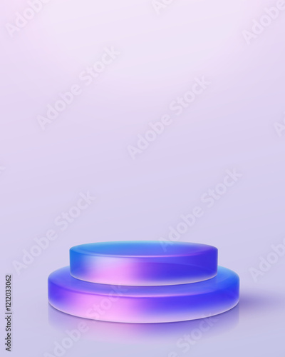 3d iridescent hologram disk, coin, podium, pedestal. Render figure with purple, pink, blue colors. Vector illustration isolated on white for design projects, product display, presentation, adv