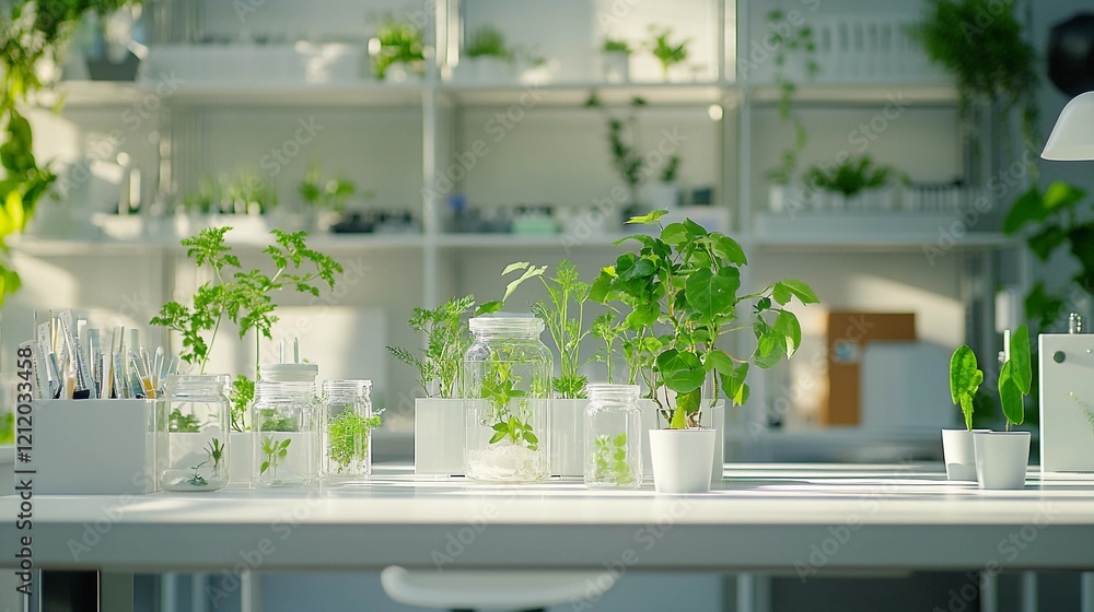 minimalist white table in a research lab, lush green plants thriving in glass jars, warm sunlight enhancing the scene, eco-science aesthetic