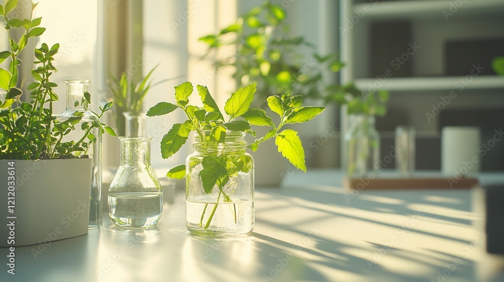 minimalist white table in a research lab, lush green plants thriving in glass jars, warm sunlight enhancing the scene, eco-science aesthetic