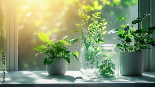 minimalist white table in a research lab, lush green plants thriving in glass jars, warm sunlight enhancing the scene, eco-science aesthetic