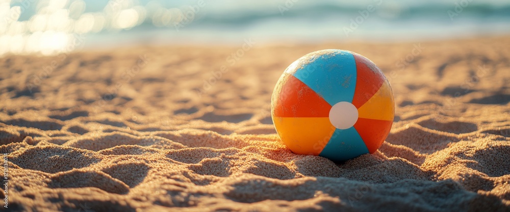 Beach ball on sandy shore, ocean background. Summer vacation Beach ball on sandy shore, ocean background. Summer vacation