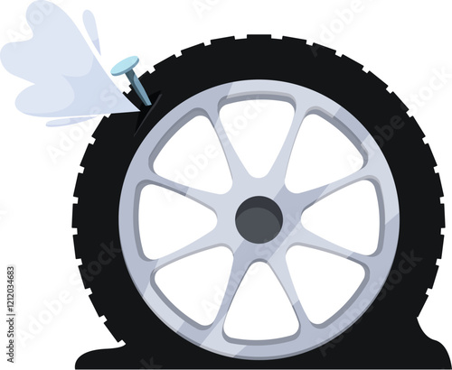 Flat tire with nail and water splashing, car wheel puncture concept
