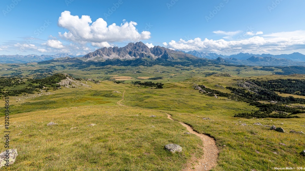 Fototapeta premium Mountain trail, valley panorama, sunny day, hiking path