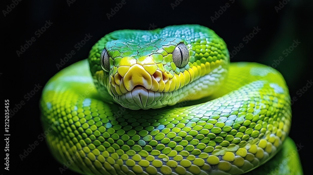 Green tree python coiled, dark background, reptile close-up, wildlife photography Green tree python coiled, dark background, reptile close-up, wildlife photography