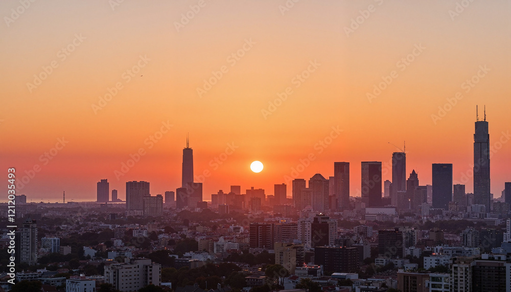 Fototapeta premium Stunning sunset over urban skyline, vibrant cityscape beauty