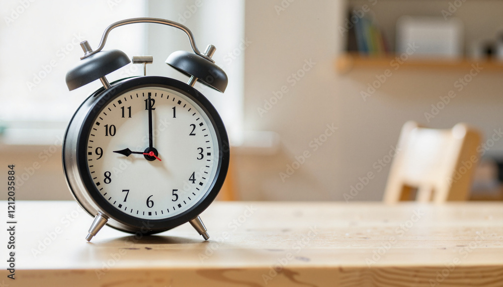 Naklejka premium Stylish alarm clock displaying time on wooden table, creative decor
