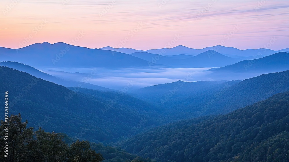 A peaceful mountaintop vista at dawn, with layers of mist in the valleys and pastel lighting adding depth and calmness A peaceful mountaintop vista at dawn, with layers of mist in the valleys and pastel lighting adding depth and calmness