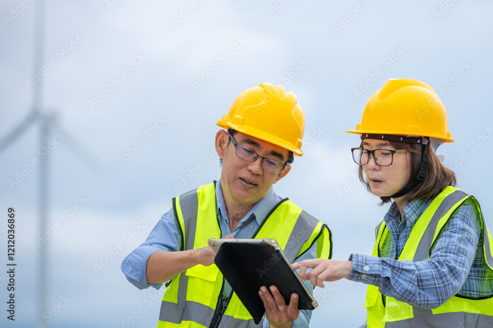 Two workers wearing safety vests and hard hats are looking at a tablet Two workers wearing safety vests and hard hats are looking at a tablet