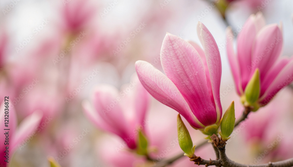 Obraz premium Close-up magnolia buds in soft pink hues, emerging splendor