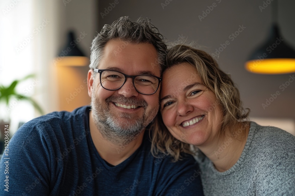 A happy couple smiling for the camera, relaxed and at ease A happy couple smiling for the camera, relaxed and at ease
