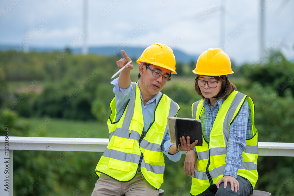Two workers wearing safety vests and hard hats are looking at a tablet Two workers wearing safety vests and hard hats are looking at a tablet