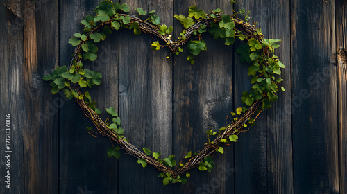 vines forming a heart shape against a rustic wooden fence  photo