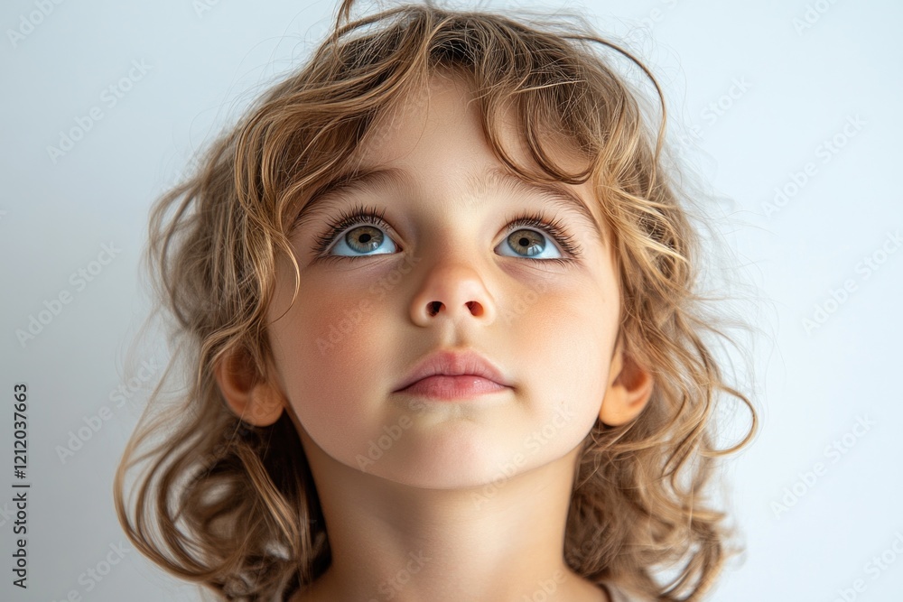 A young girl with curly hair looks up in wonder, possibly admiring something or someone A young girl with curly hair looks up in wonder, possibly admiring something or someone