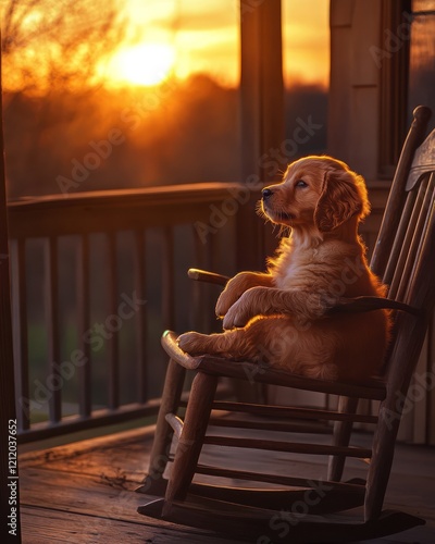 Golden Retriever puppy sunset porch rocking chair
