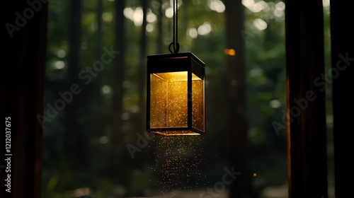 Glowing lantern hanging near forest window, magical ambiance, ideal for fantasy or fairytale themes photo