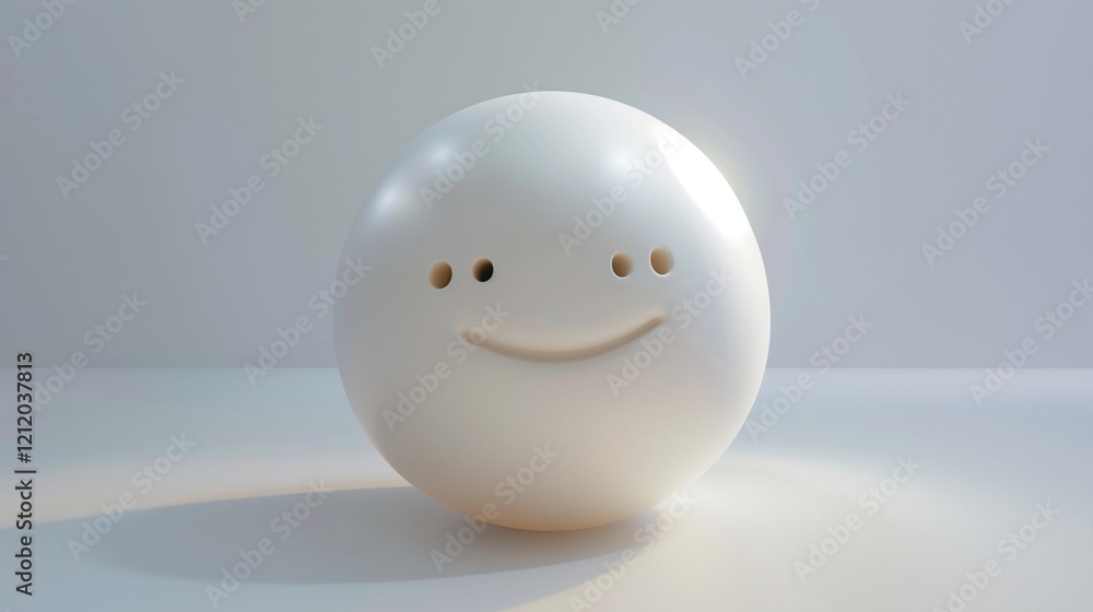A realistic 3D rendering of a smiling face emoji on a smooth white surface. A realistic 3D rendering of a smiling face emoji on a smooth white surface.