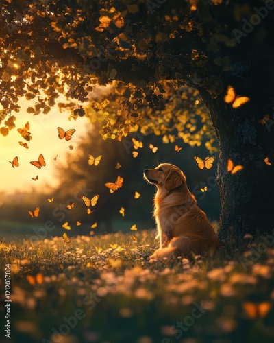 Golden Retriever, sunset, butterflies, field, calm photo