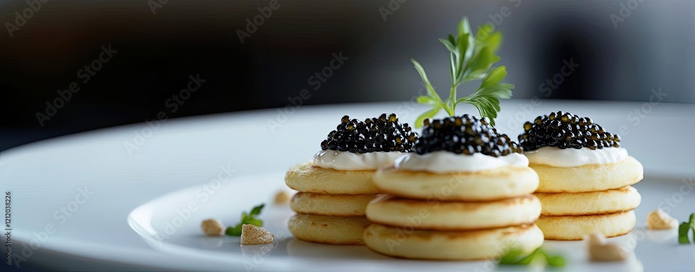Delicate plating of caviar with blinis and creme fraiche, pastel accents for a luxurious yet understated feel Delicate plating of caviar with blinis and creme fraiche, pastel accents for a luxurious yet understated feel