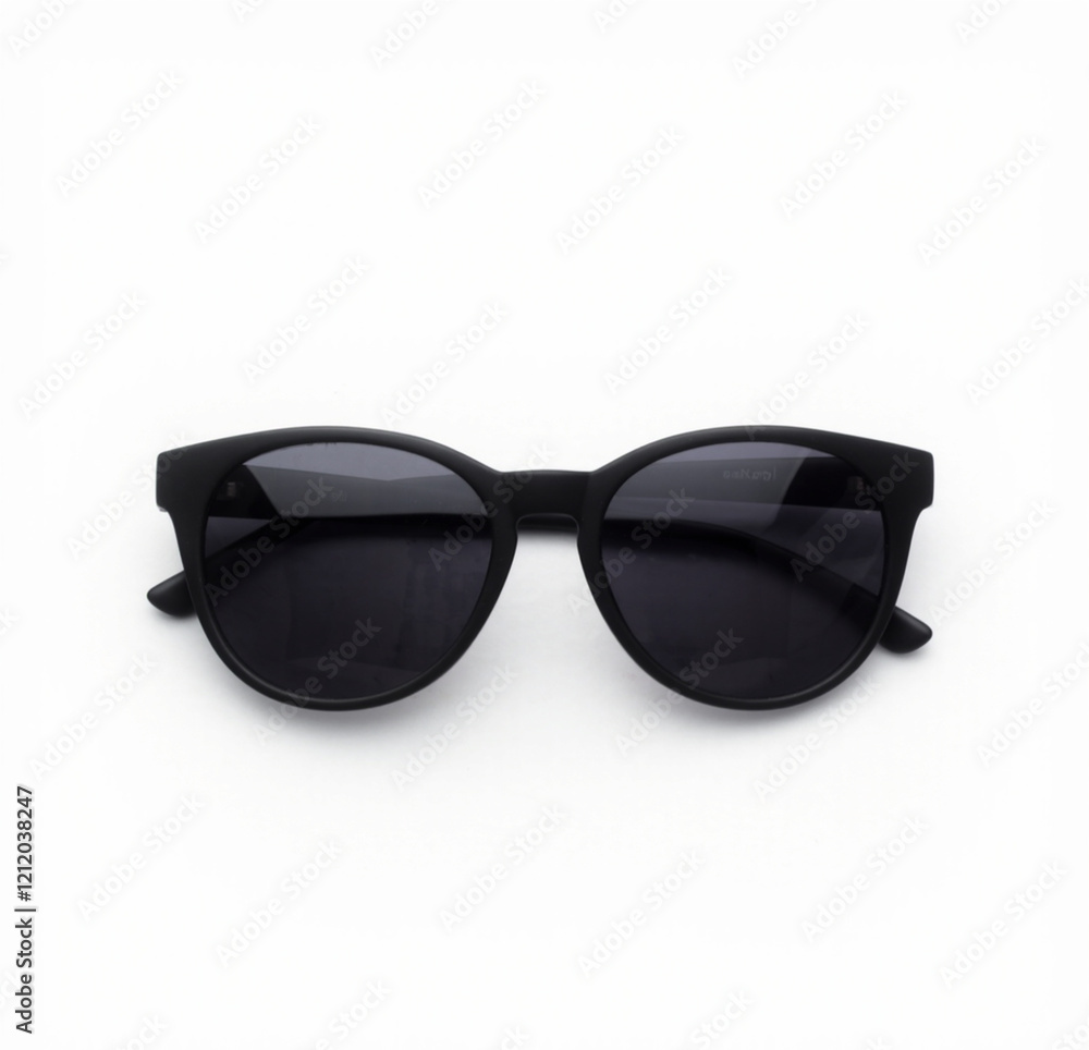 A stylish pair of black sunglasses with reflective lenses, laid flat on a pure white background A stylish pair of black sunglasses with reflective lenses, laid flat on a pure white background