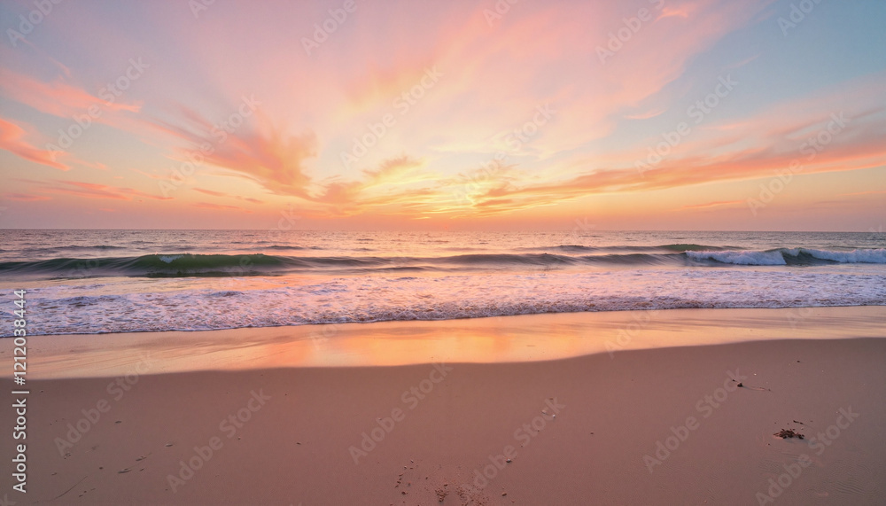 Serene sunrise over tranquil beach, peaceful morning reflection Serene sunrise over tranquil beach, peaceful morning reflection
