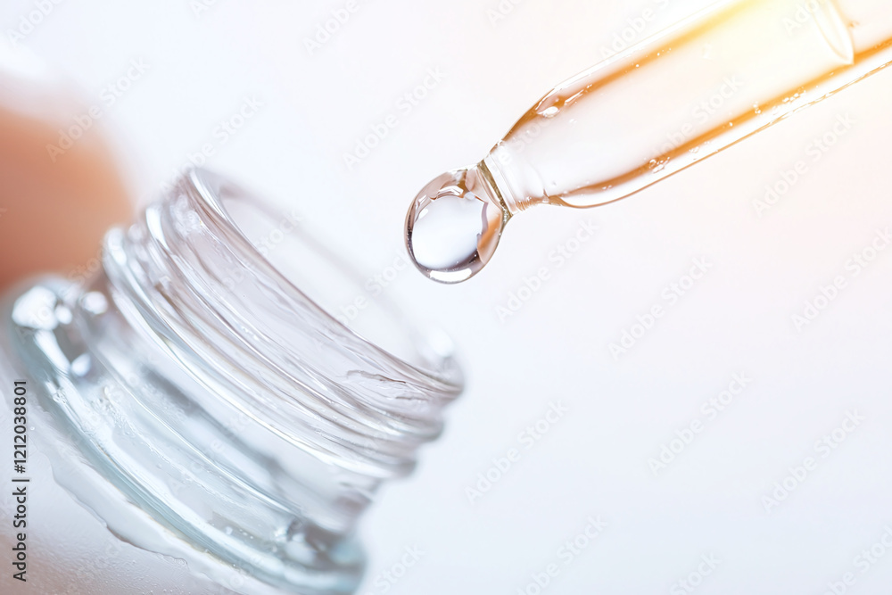 Close up of dropper releasing droplet from glass bottle, showcasing skincare product. soft light enhances clarity and freshness of liquid Close up of dropper releasing droplet from glass bottle, showcasing skincare product. soft light enhances clarity and freshness of liquid