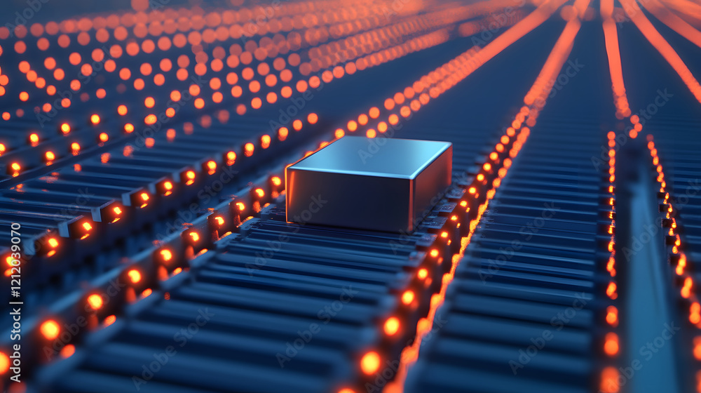 Obraz premium A sleek, metallic object sits amidst glowing lines on a digital circuit board, showcasing a futuristic technology theme