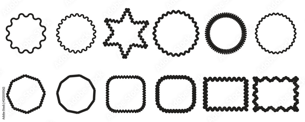 Set of rectangle and oval brush stroke frames with wavy edges on white background. Wiggly Frame for Template, Stickers, Stamp, Promo Design. vector illustration and artwork. Set of rectangle and oval brush stroke frames with wavy edges on white background. Wiggly Frame for Template, Stickers, Stamp, Promo Design. vector illustration and artwork.