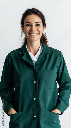 mature female laboratory worker, dark green lab coat, cheerful expression, standing straight, neutral white background, facing the camera directly