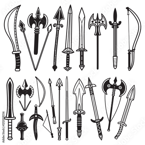 RPG weapon icon set, vector fantasy game sword collection, dungeon dragon battle attack object kit: magic sorcerer staff, warrior dagger, medieval bow, arrow, and character equipment. 