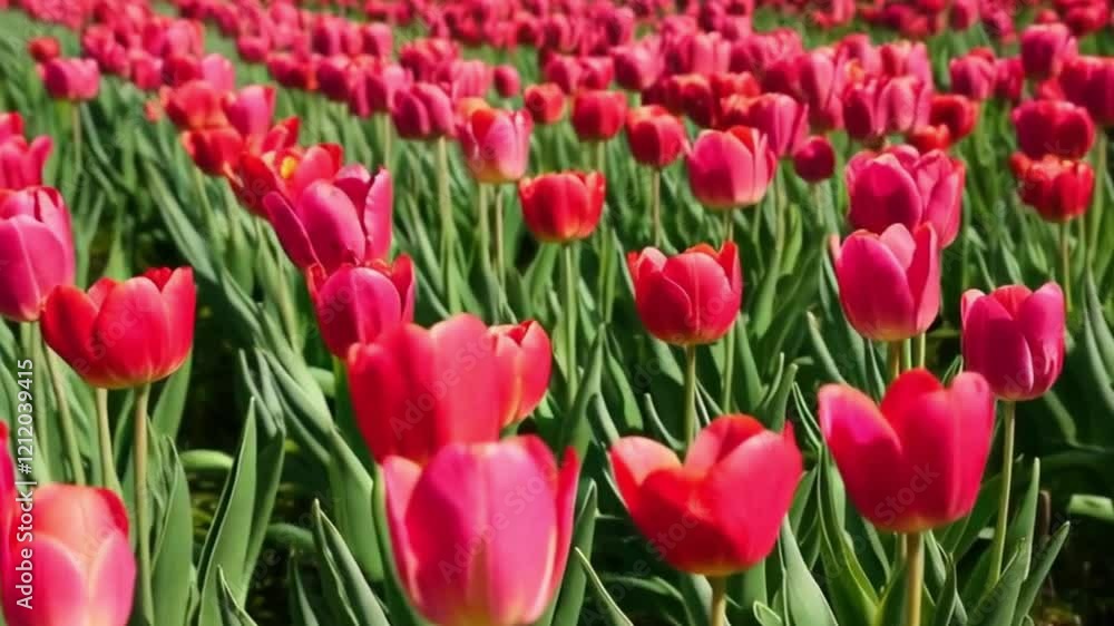 Brilliant red tulips blooming in the spring season, radiating warmth and vitality. A stunning 4K capture showcasing nature's vibrant elegance. Brilliant red tulips blooming in the spring season, radiating warmth and vitality. A stunning 4K capture showcasing nature's vibrant elegance.