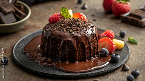 A deliciously thick and fluffy chocolate fudge cake, smothered in luxurious chocolate sauce, garnished with grated chocolate and fresh fruits, creating an irresistible, mouthwatering dessert. photo