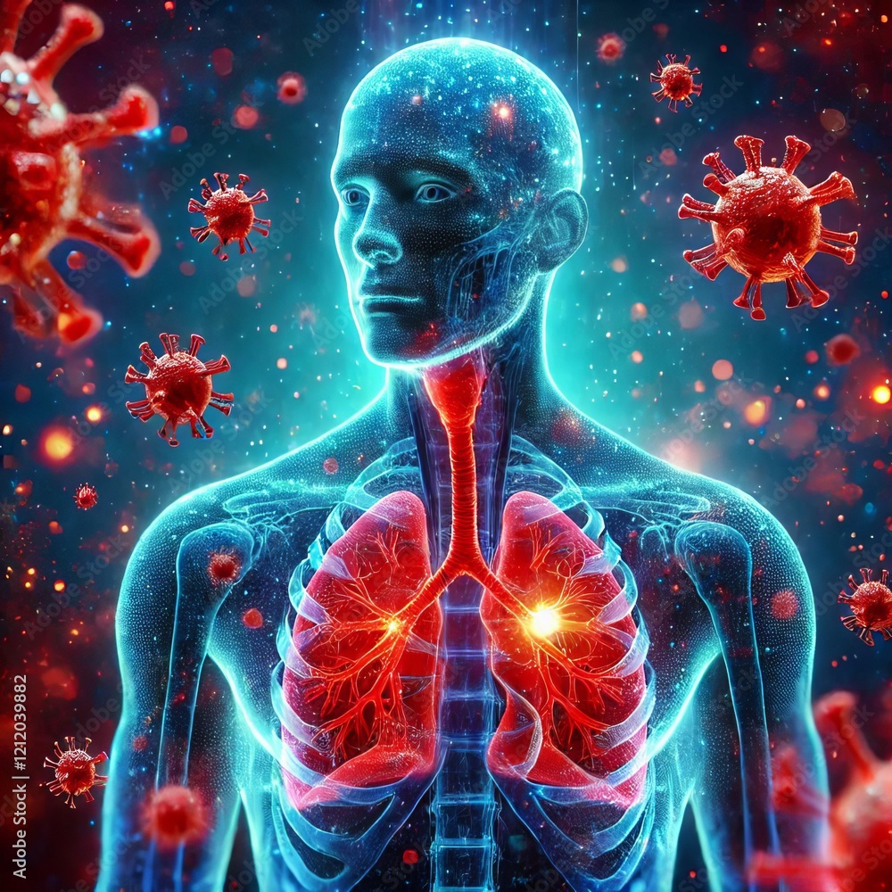 A futuristic medical illustration showing a human body with a glowing blue outline, lungs highlighted in red to depict inflammation, and surrounded by floating virus-like particles in vivid red A futuristic medical illustration showing a human body with a glowing blue outline, lungs highlighted in red to depict inflammation, and surrounded by floating virus-like particles in vivid red